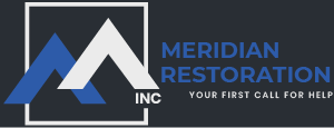 Meridian Restoration logo that reads "Your first call for help."